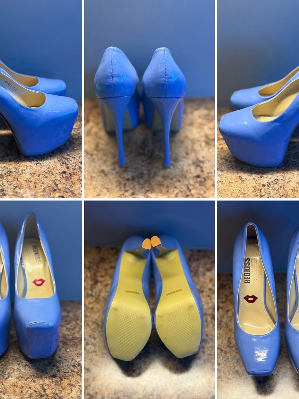RED KISS Blue Patent Platform Stiletto Pumps
